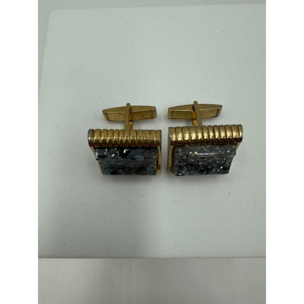 Vintage Gold Tone Speckled Stone Rectangular Cufflinks Mid Century Modern Mens - Picture 2 of 4